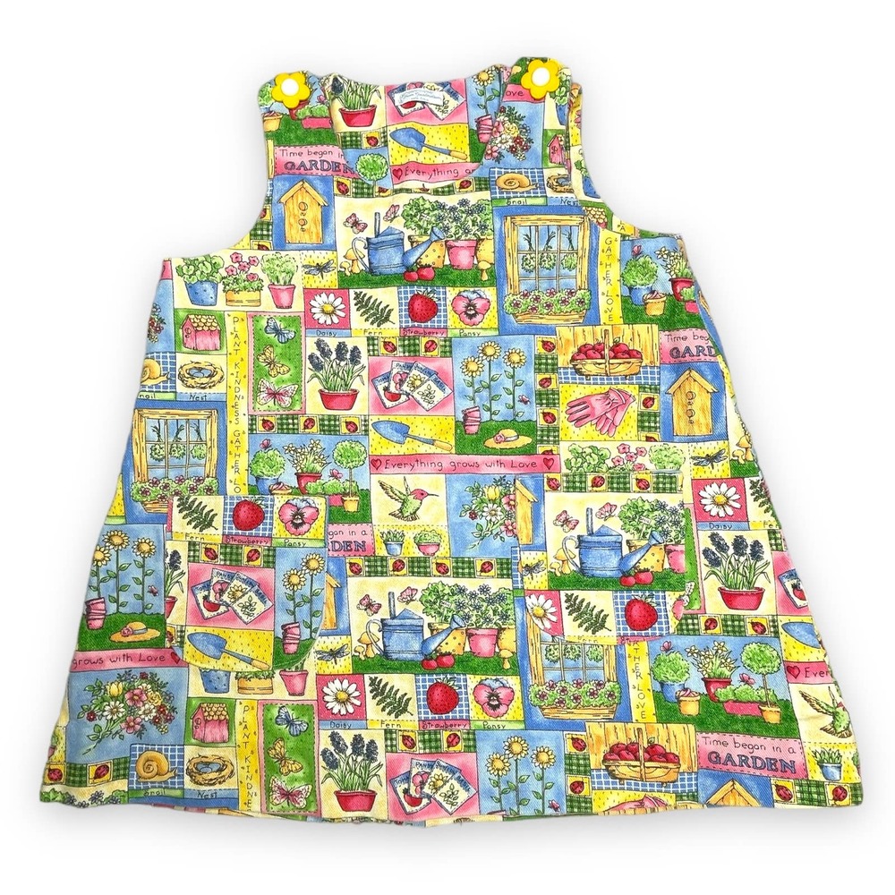 Vintage 90s Handmade Floral Garden Denim Pinafore Jumper Overall Dress Size 5 6